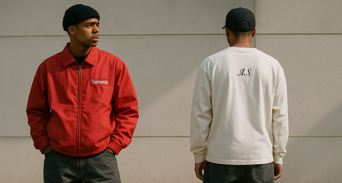 the other guy stands with his back to the camera and have a white long sleeved shirt on. on the shirt it says "A.S" in some fancy writing style and it is placed right under the neck on the long sleve and doesn't fill up that much space